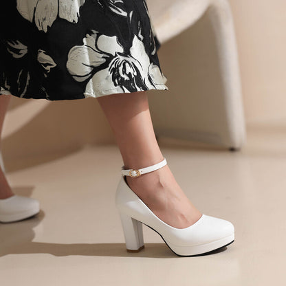 Women's Shallow Ankle Strap Block Chunky Heel Platform Pumps