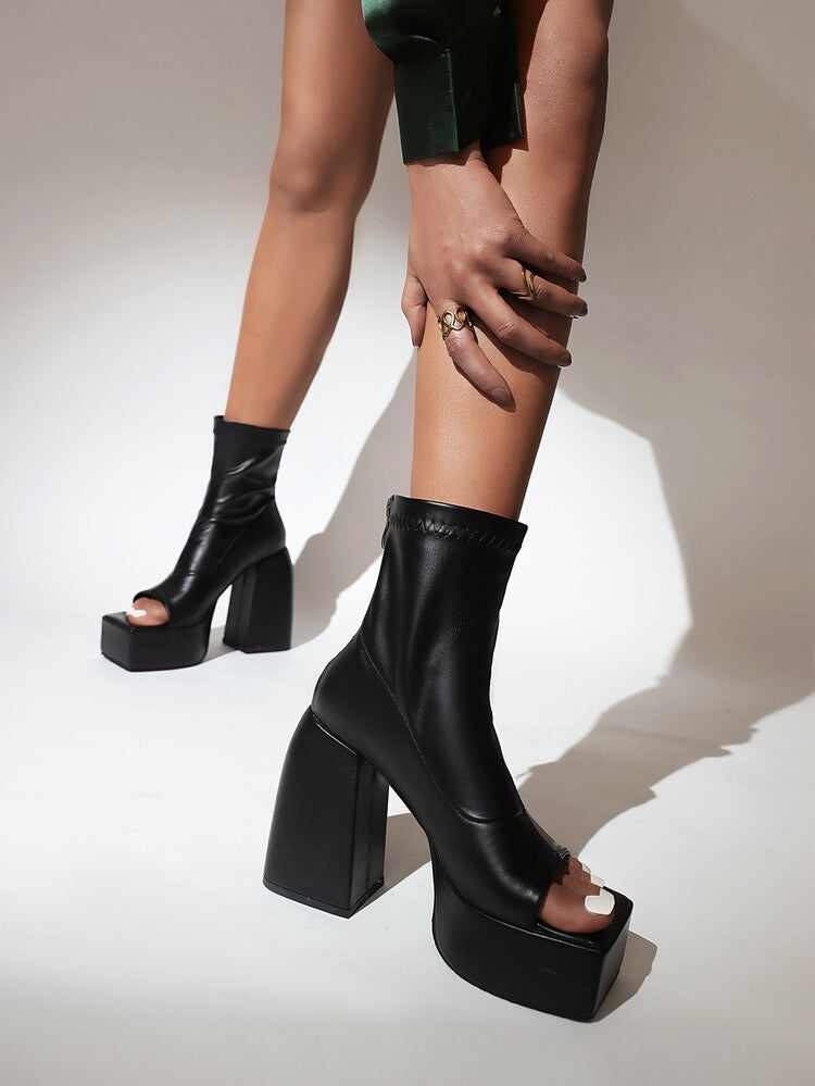 Women's Peep Toe Back Zippers Block Chunky Heel Platform Ankle Boots