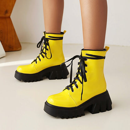 Women's Candy Color Pu Leather Round Toe Lace Up Wedge Heel Platform Ankle Boots