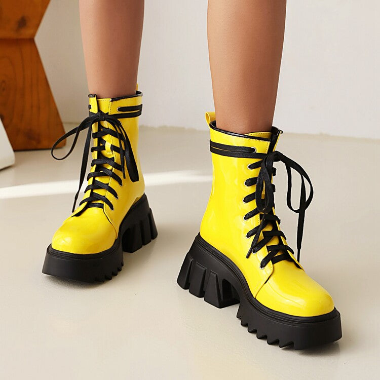 Women's Candy Color Pu Leather Round Toe Lace Up Wedge Heel Platform Ankle Boots