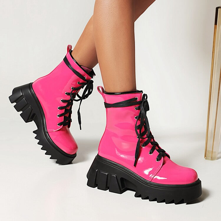 Women's Candy Color Pu Leather Round Toe Lace Up Wedge Heel Platform Ankle Boots