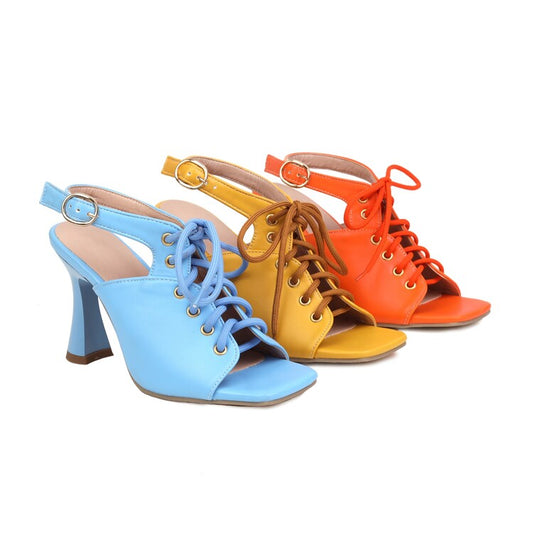 Women's Square Toe Lace-Up Slingbacks Spool Heel Sandals