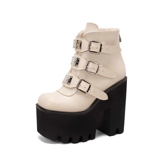 Women's Pu Leather Square Toe Metal Buckle Straps Block Chunky Heel Platform Ankle Boots
