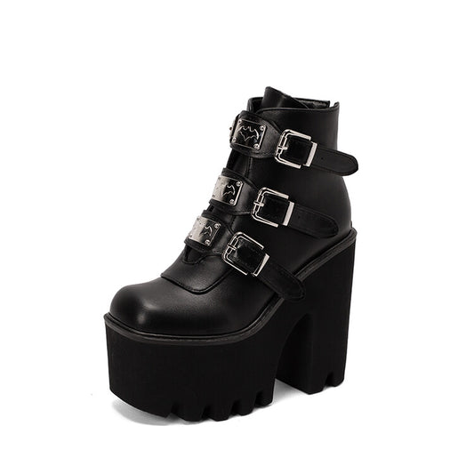 Women's Pu Leather Square Toe Metal Buckle Straps Block Chunky Heel Platform Ankle Boots