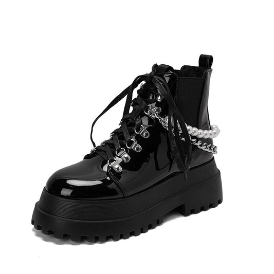 Women's Pu Leather Round Toe Pearls Metal Chains Lace Up Flat Platform Ankle Boots