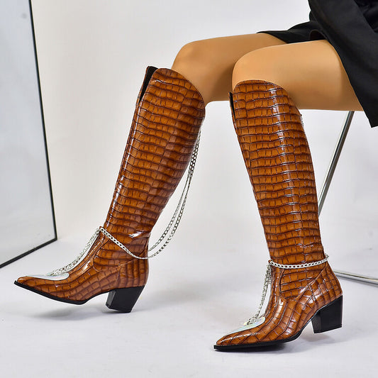 Women's Crocodile Pattern Pointed Toe Metal Chains Knee High Boots