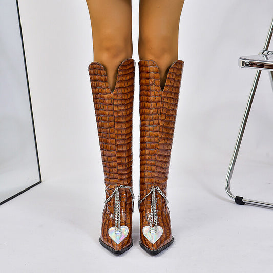 Women's Crocodile Pattern Pointed Toe Metal Chains Knee High Boots
