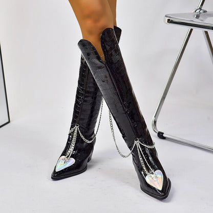 Women's Crocodile Pattern Pointed Toe Metal Chains Knee High Boots