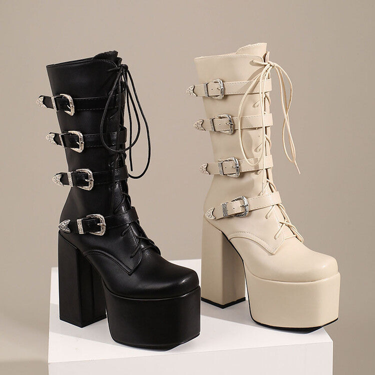 Women's Pu Leather Square Toe Metal Buckle Straps Lace Up Block Chunky Heel Platform Mid-calf Boots