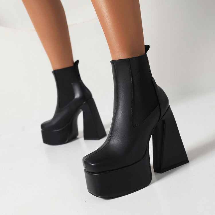 Women's Glossy Square Toe Stretch Block Chunky Heel Platform Ankle Boots