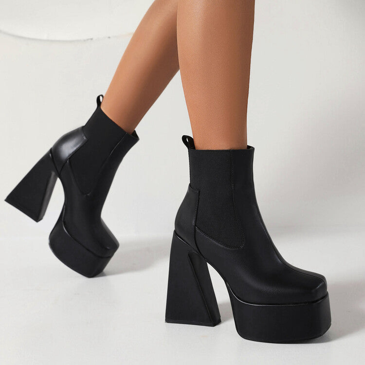 Women's Glossy Square Toe Stretch Block Chunky Heel Platform Ankle Boots
