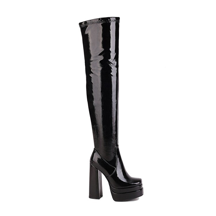 Women's Glossy Square Toe Side Zippers Block Chunky Heel Platform Over the Knee Boots