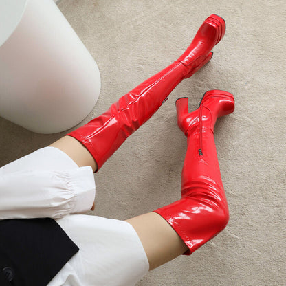 Women's Glossy Square Toe Side Zippers Block Chunky Heel Platform Over the Knee Boots