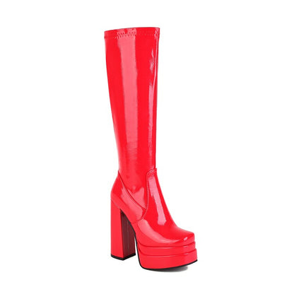 Women's Glossy Square Toe Block Chunky Heel Platform Knee High Boots