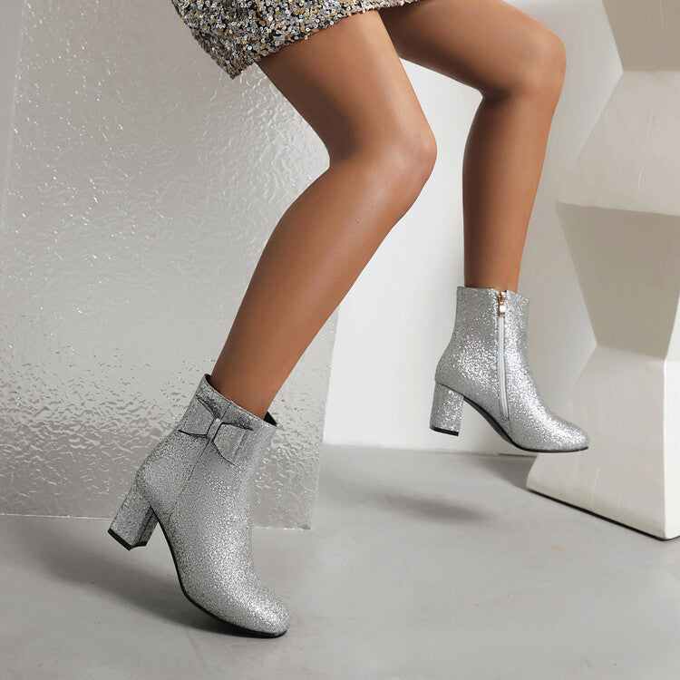 Women's Sparkling Sequins Round Toe Bow Tie Side Zippers Block Chunky Heel Short Boots