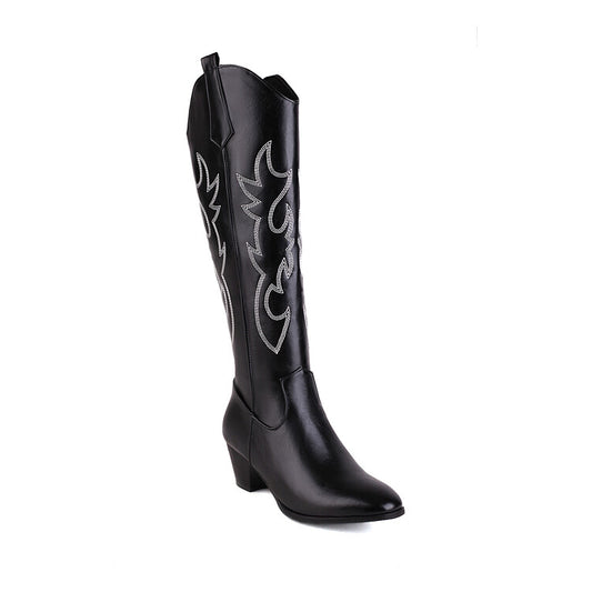Women's Embroidery Side Zippers Puppy Heel Cowboy Knee High Boots