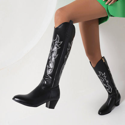 Women's Embroidery Side Zippers Puppy Heel Cowboy Knee High Boots