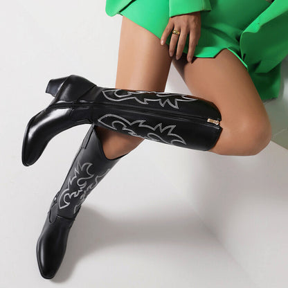 Women's Embroidery Side Zippers Puppy Heel Cowboy Knee High Boots