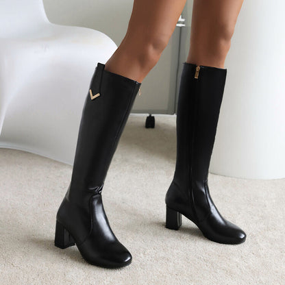 Women's Side Zippers Block Heel Knee High Boots