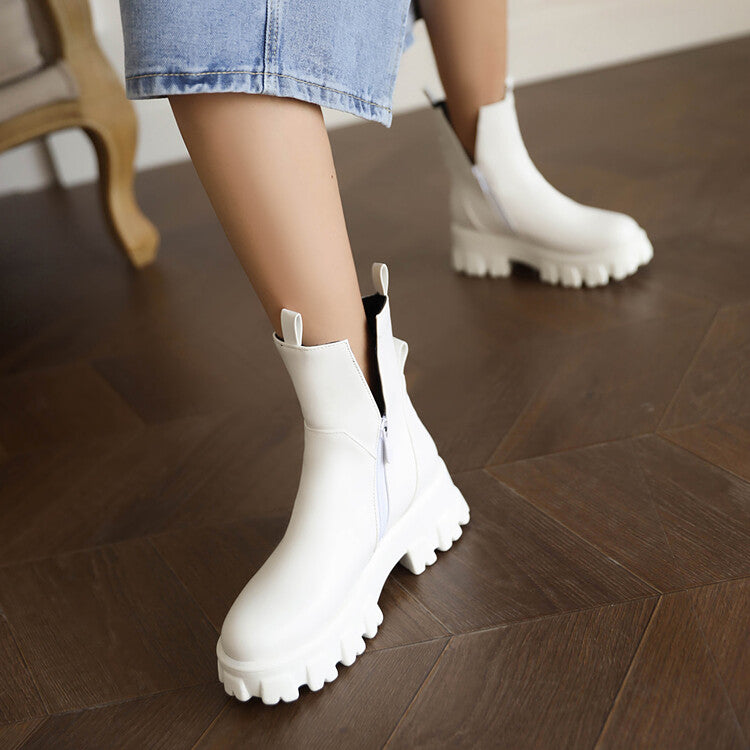 Women's Round Toe Side Zippers Block Chunky Heel Platform Short Boots