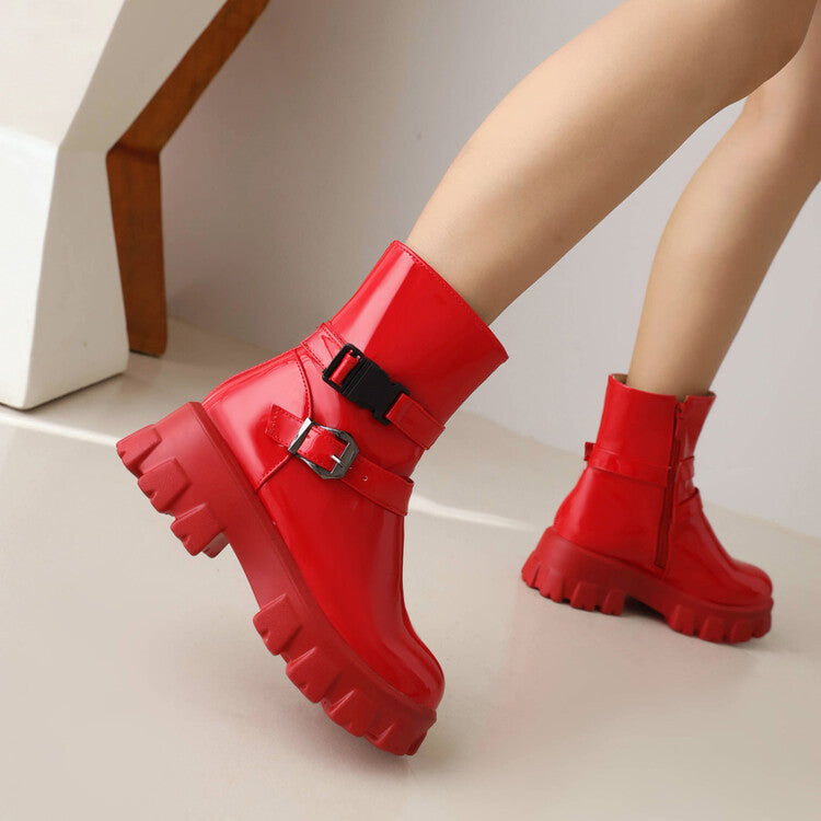 Women's Glossy Round Toe Side Zippers Buckle Straps Block Chunky Heel Platform Short Boots