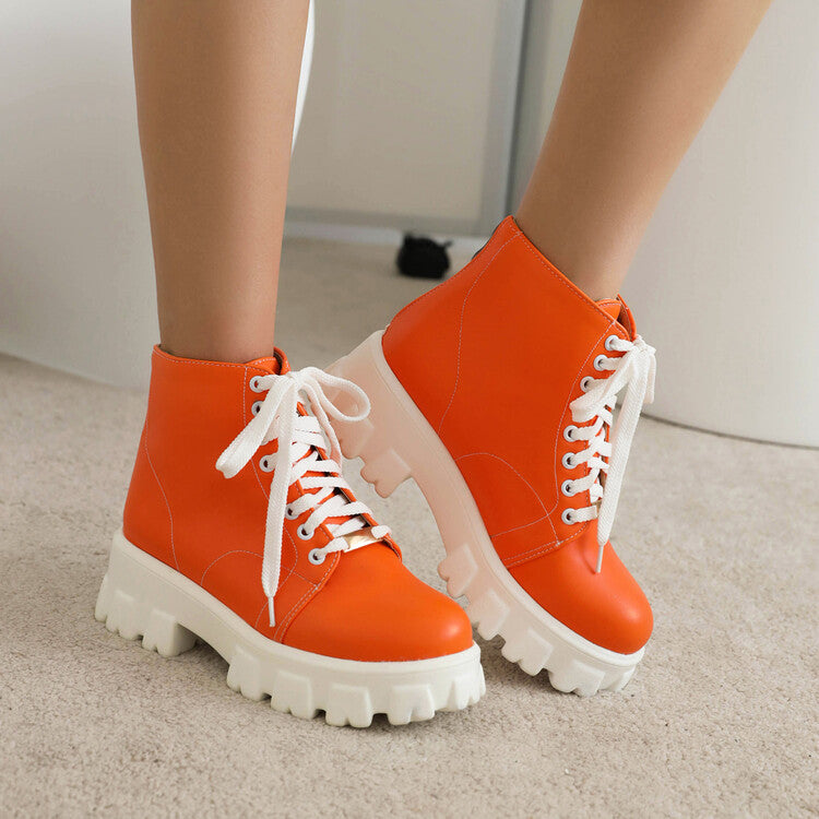 Women's Round Toe Lace Up Back Zippers Block Chunky Heel Platform Short Boots