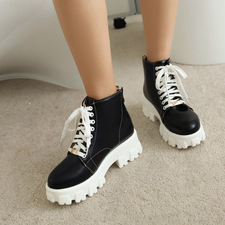 Women's Round Toe Lace Up Back Zippers Block Chunky Heel Platform Short Boots