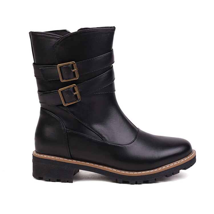 Women's Buckle Straps Side Zippers Ankle Boots