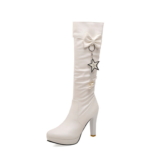 Women's Side Zippers Rhinestone Pearls Bow Tie Block Chunky Heel Platform Knee High Boots
