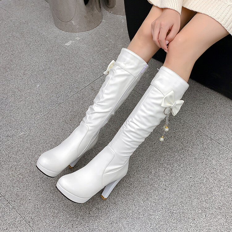 Women's Side Zippers Rhinestone Pearls Bow Tie Block Chunky Heel Platform Knee High Boots