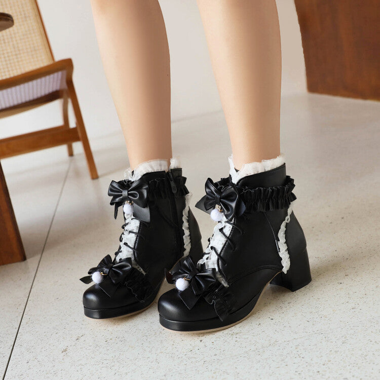 Women's Bow Tie Tied Straps Block Chunky Heel Ankle Boots