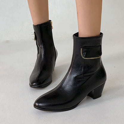 Women's Pu Leather Pointed Toe Side Zippers Pocket Block Heel Short Boots