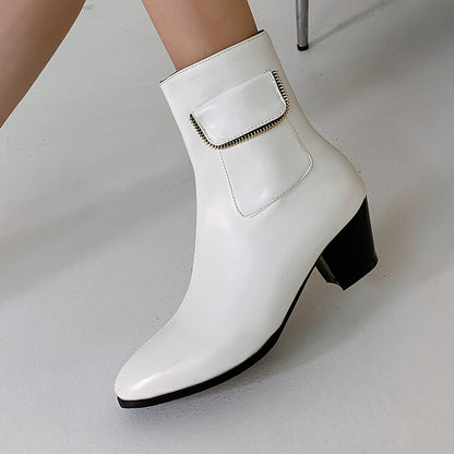 Women's Pu Leather Pointed Toe Side Zippers Pocket Block Heel Short Boots