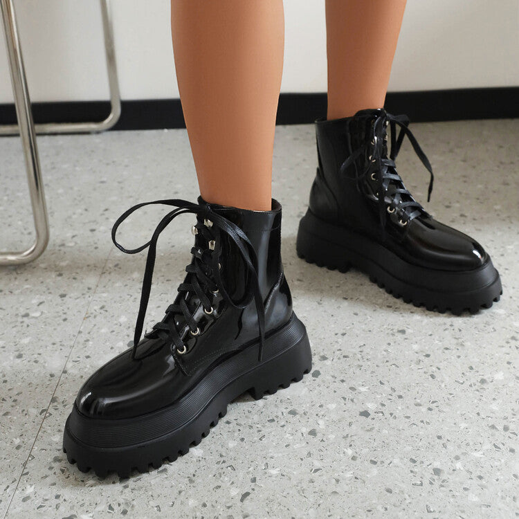 Women's Glossy Round Toe Lace Up Flat Platform Ankle Boots