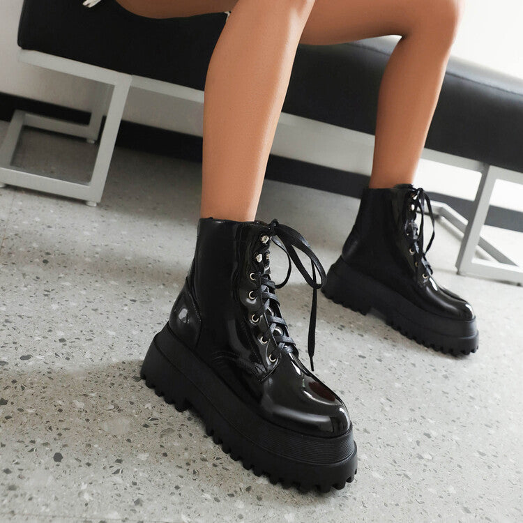 Women's Glossy Round Toe Lace Up Flat Platform Ankle Boots