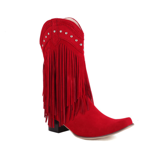 Women's Pointed Toe Rivets Tassel Block Heel Cowboy Mid-Calf Boots