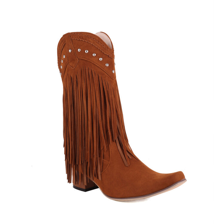 Women's Pointed Toe Rivets Tassel Block Heel Cowboy Mid-Calf Boots