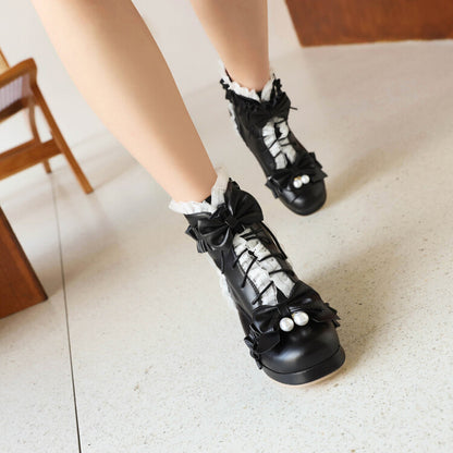 Women's Lace Bow Tie Pearls Block Chunky Heel Ankle Boots