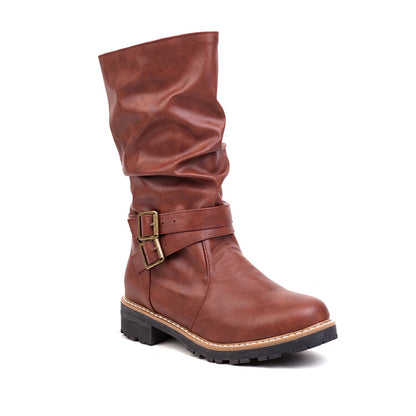 Women's Round Toe Buckle Straps Mid Calf Boots