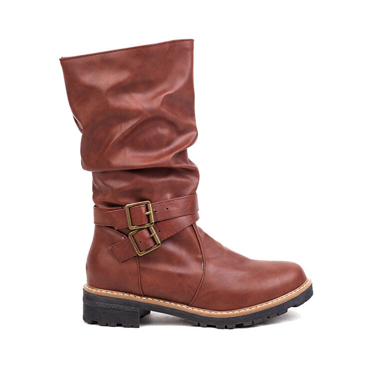 Women's Round Toe Buckle Straps Mid Calf Boots