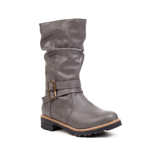 Women's Round Toe Buckle Straps Mid Calf Boots