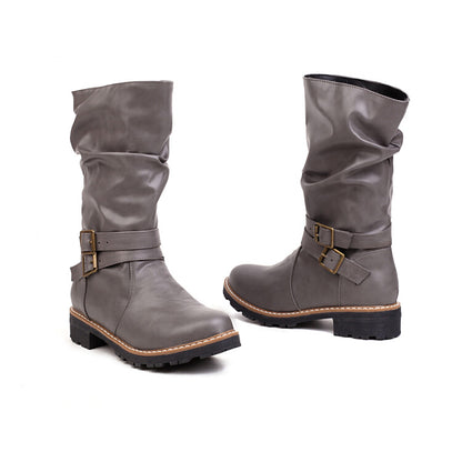 Women's Round Toe Buckle Straps Mid Calf Boots