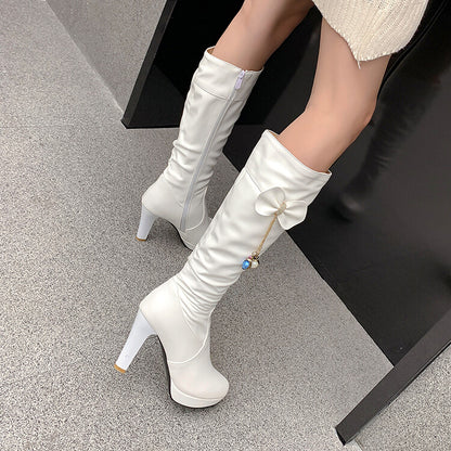 Women's Bow Tie Tassel Side Zippers Block Chunky Heel Platform Knee High Boots