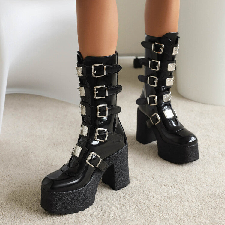 Women's Glossy Metal Buckle Straps Block Chunky Heel Platform Mid-calf Boots