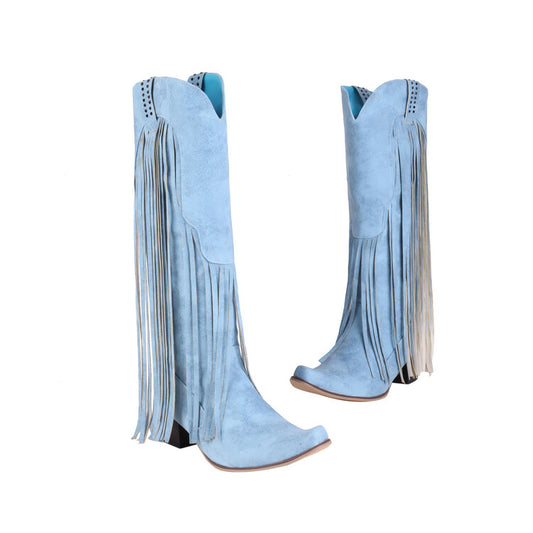 Women's Flock Pointed Toe Tassel Rivets Block Heel Cowboy Mid Calf Boots