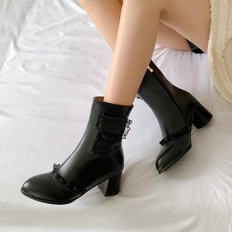 Women's Pu Leather Lace Pocket Block Chunky Heel Side Zippers Short Boots