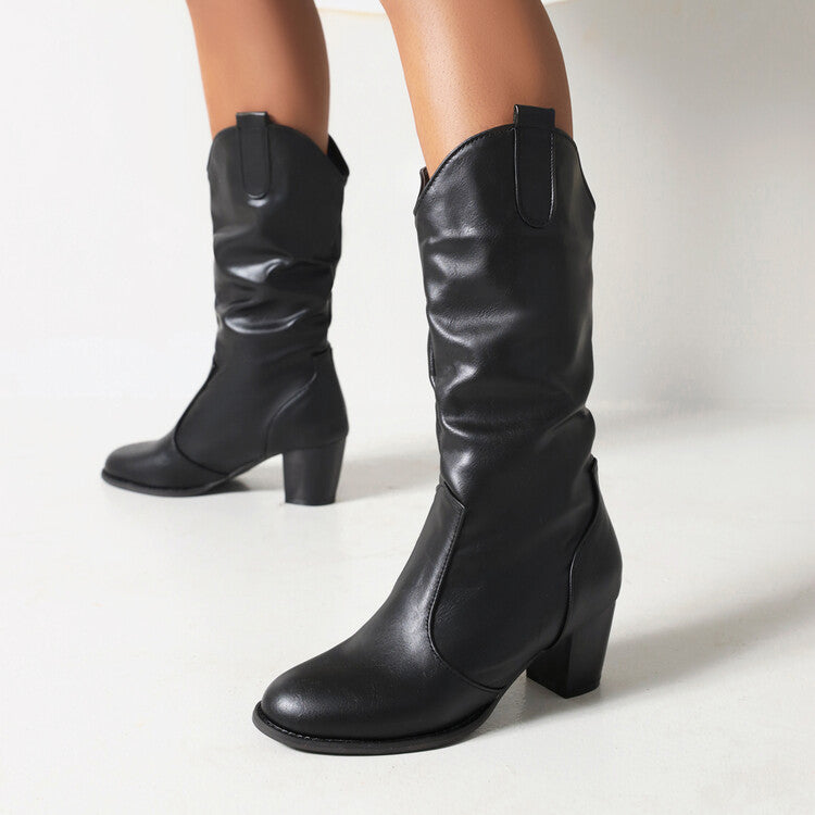 Women's Booties Pu Leather Block Heel Cowboy Mid Calf Boots
