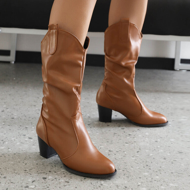 Women's Booties Pu Leather Block Heel Cowboy Mid Calf Boots