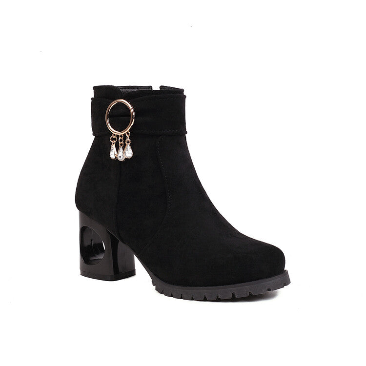 Women's Booties Flock Side Zippers Pearls Tassel Block Heel Ankle Boots