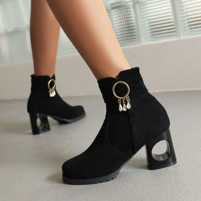 Women's Booties Flock Side Zippers Pearls Tassel Block Heel Ankle Boots